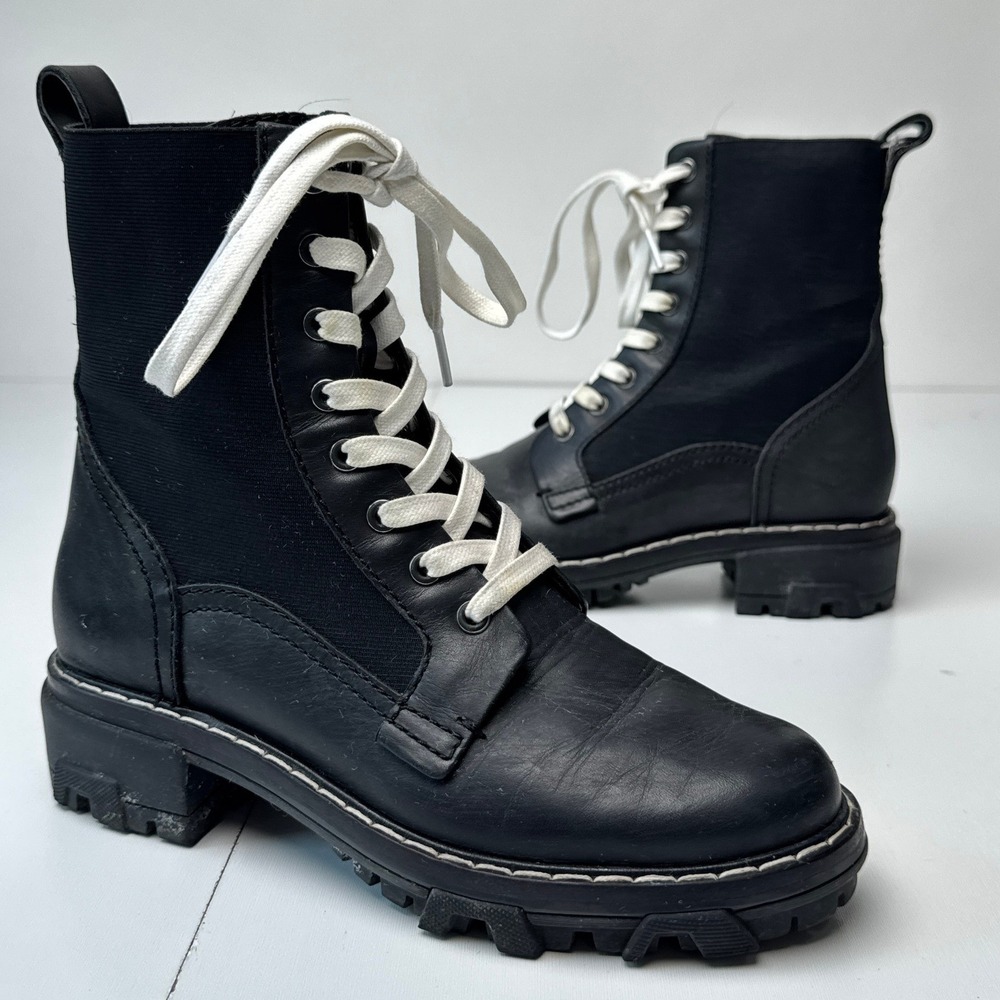 Rag & Bone Shiloh Black Leather Textile Combat Boots White Laces Lug Sole